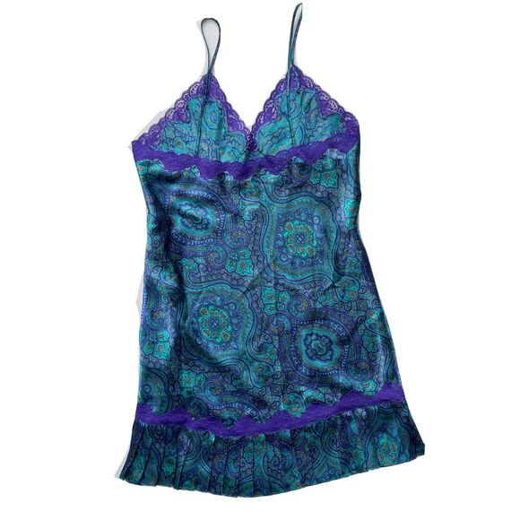 Victoria's Secret Other - VTG Victoria's Secret Gold Label Sz L Blue Paisley Satin Babydoll Slip Nightgown